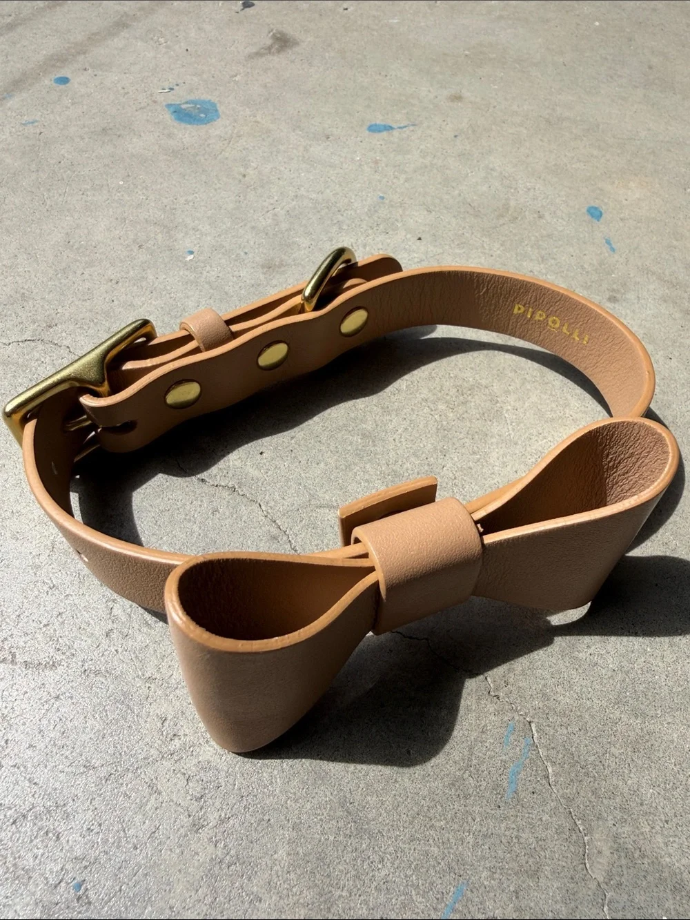 Tan Leather Bow Dog Collar with Gold Hardware - Designer Style